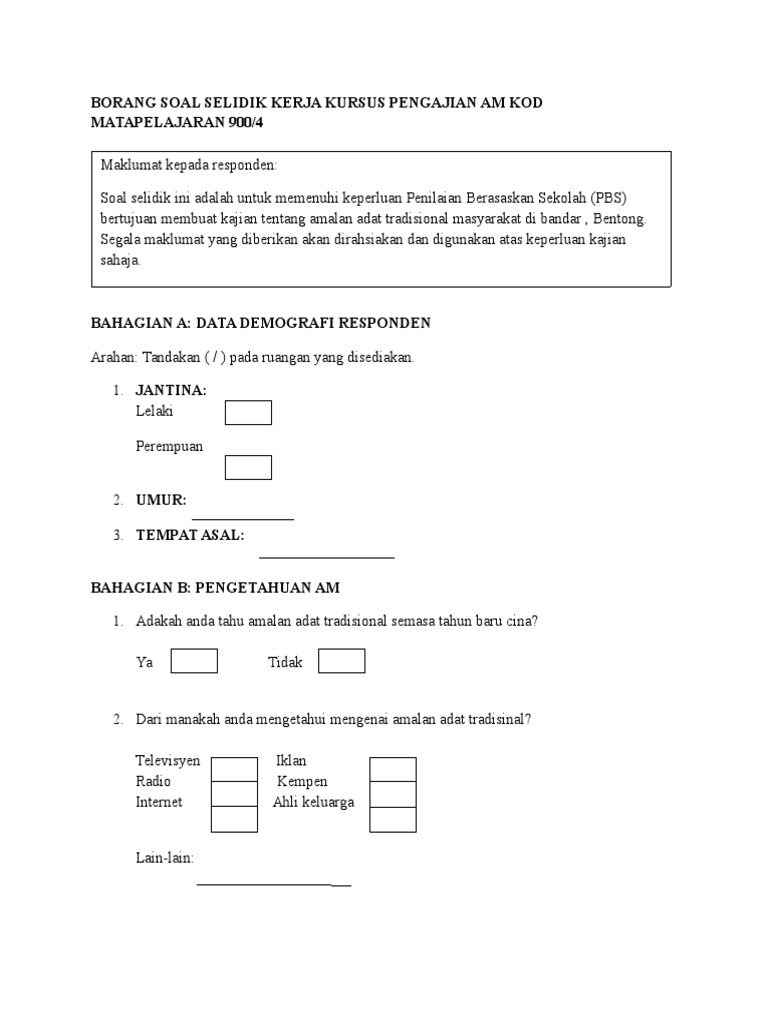 Contoh Borang Soal Selidik Pengajian Am Perpaduan - Contoh 