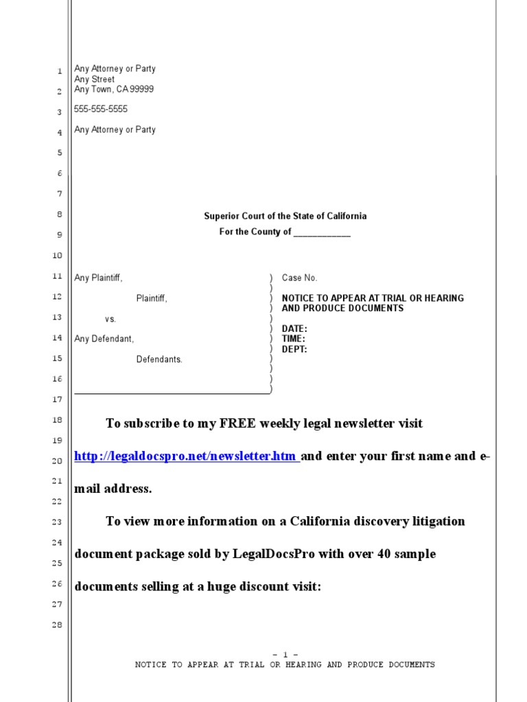 Sample Notice to Appear at Trial and Produce Documents for California