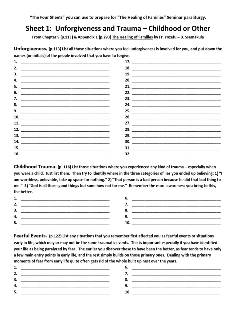 worksheets for the healing of families seminar magic