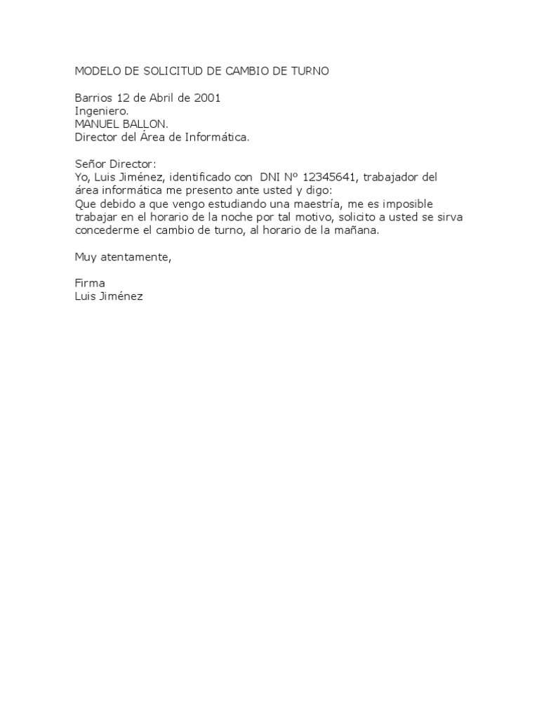 Modelo de Solicitud de Cambio de Turno PDF