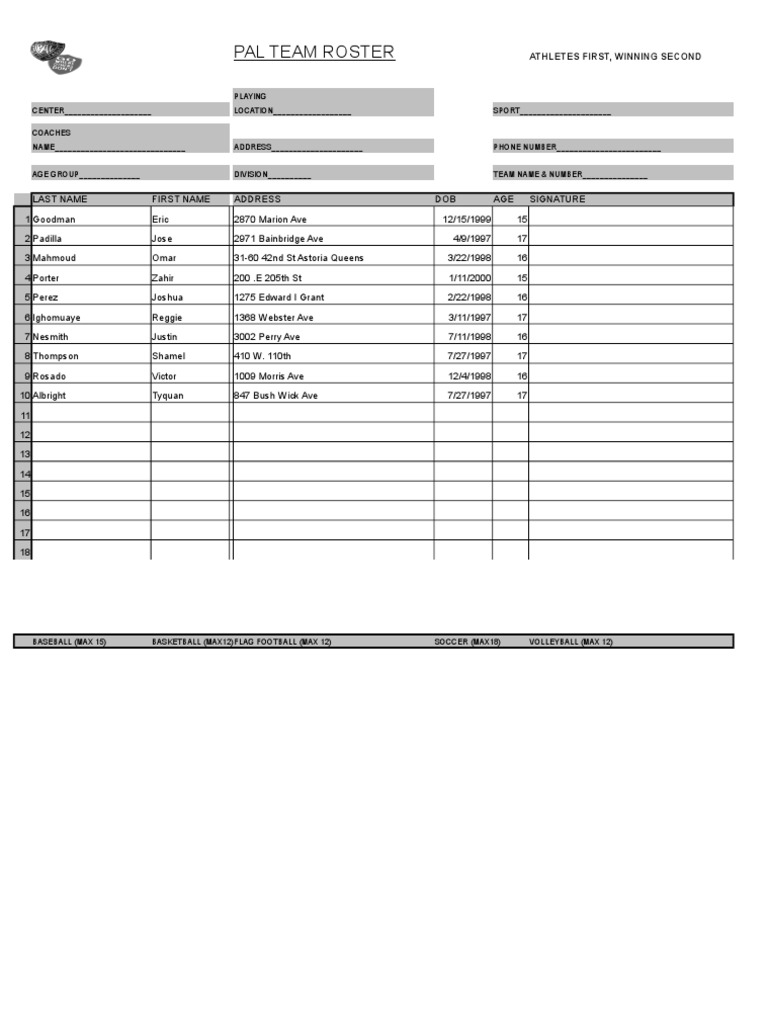 PAL Basketball Roster Sheet | PDF | Sports & Recreation