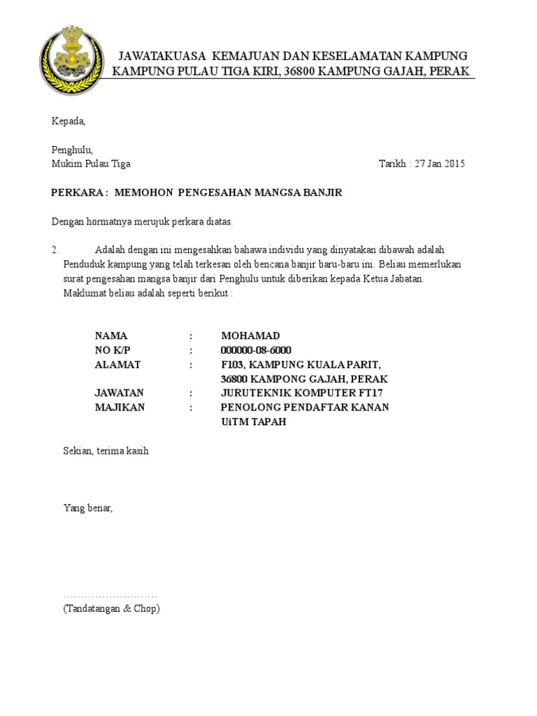 Contoh Surat Pengesahan Mangsa Banjir