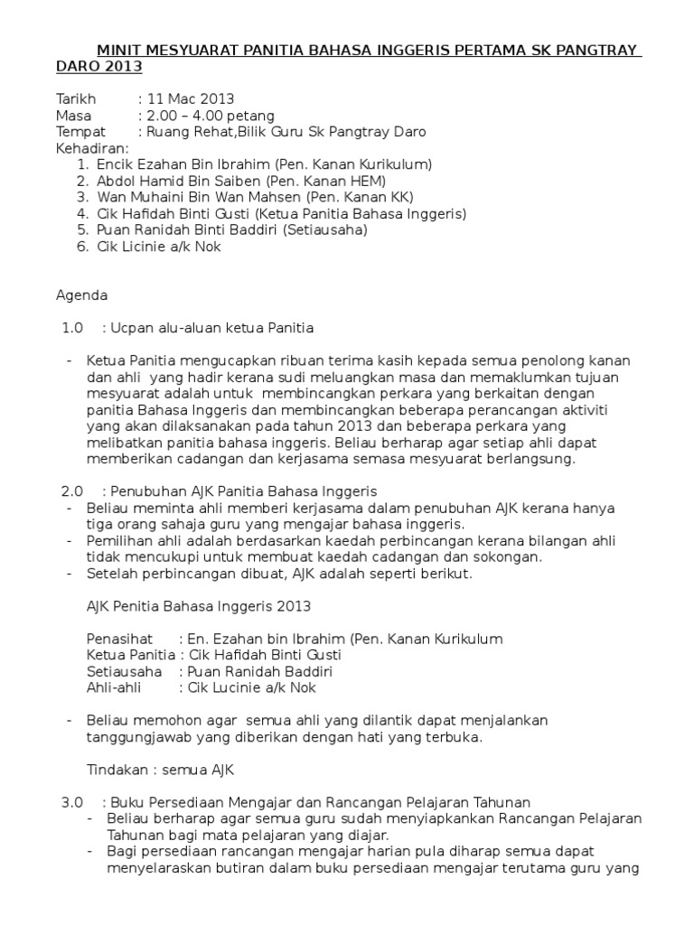 Minit Mesyuarat Panitia Bahasa Inggeris Pertama