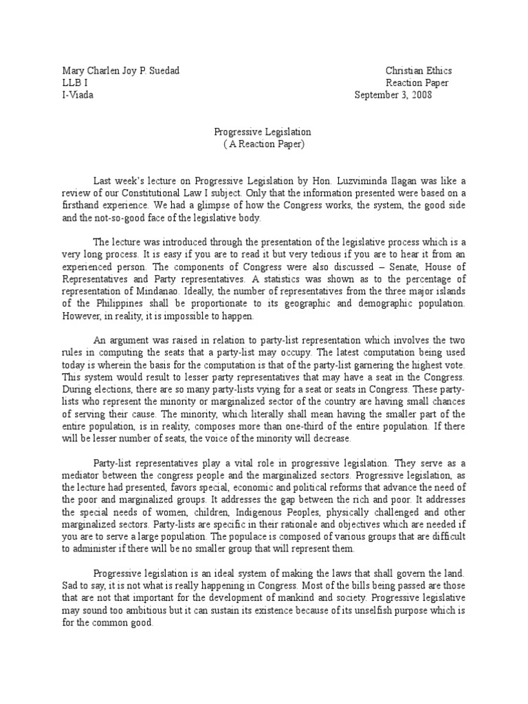 Reaction Paper United States Congress United States Government