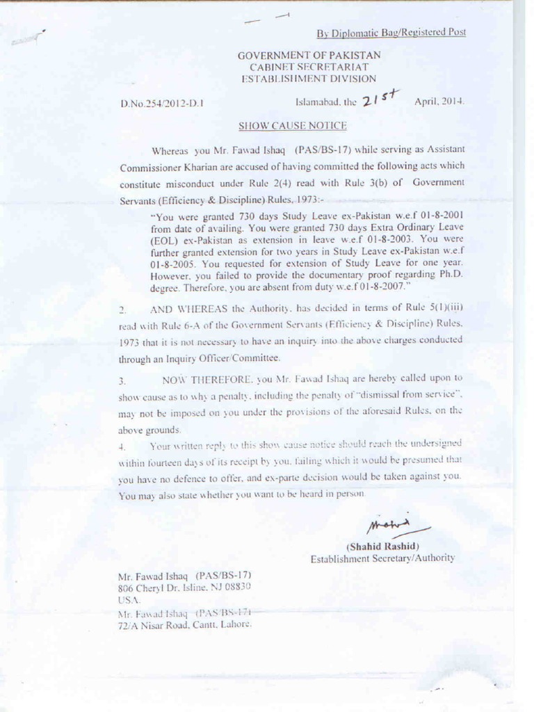 Show Cause Notice To MR - Fawad Ishaq | PDF