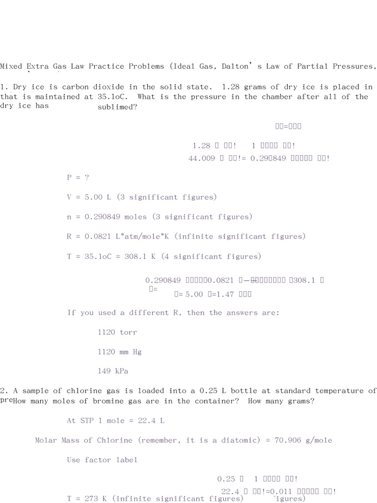 Extra Practice Mixed Gas Law Problems Answers PDF Gases Mole (Unit)