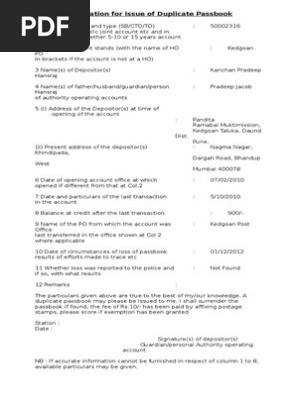 Application For Issue Of Duplicate Passbook Passbook Financial