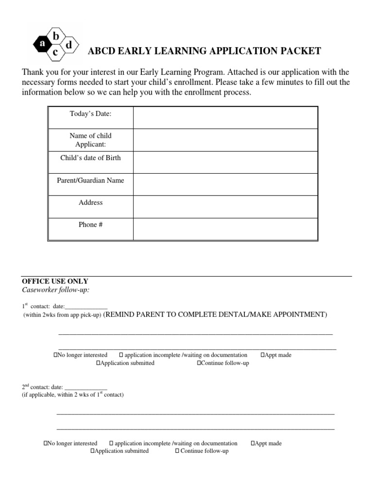 Abcd Early Learning Application Packet: Office Use Only | Download Free ...