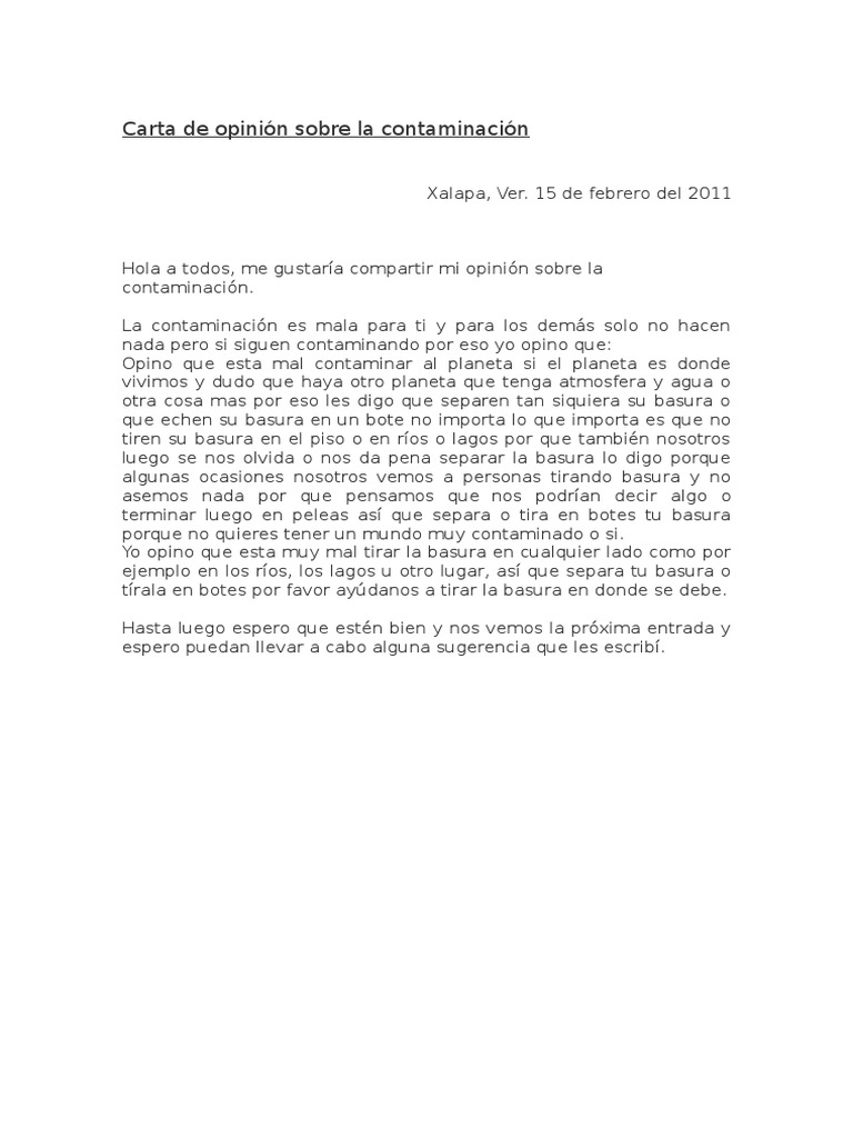 Carta de Opinión Sobre La Contaminación