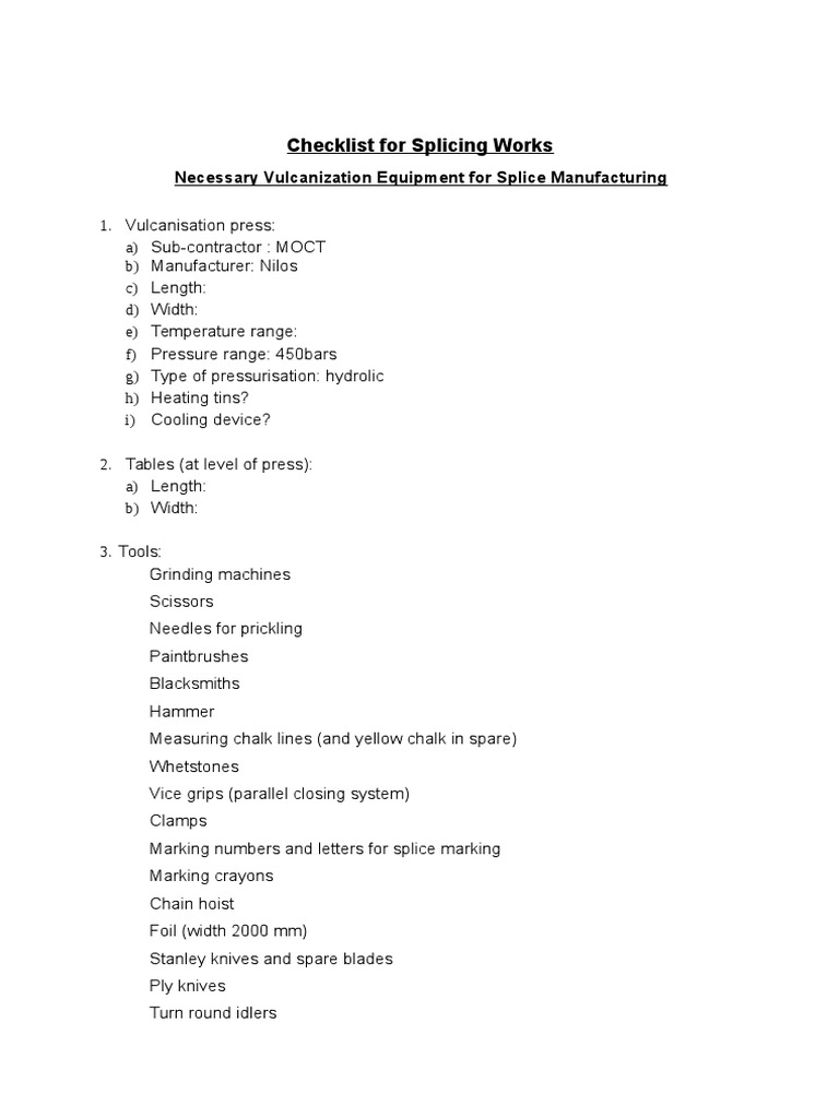 Vulcanization Equipment Checklist | PDF