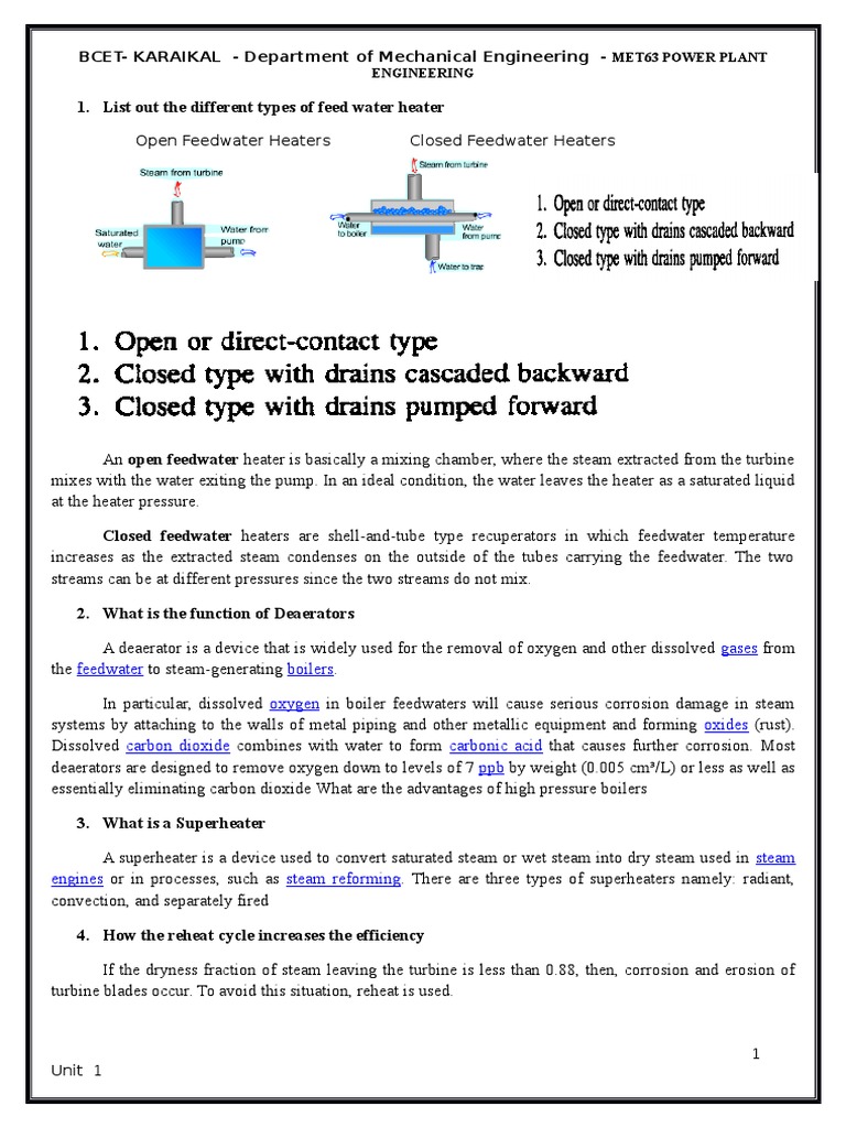 Open Feedwater Heaters Closed Feedwater Heaters PDF Boiler