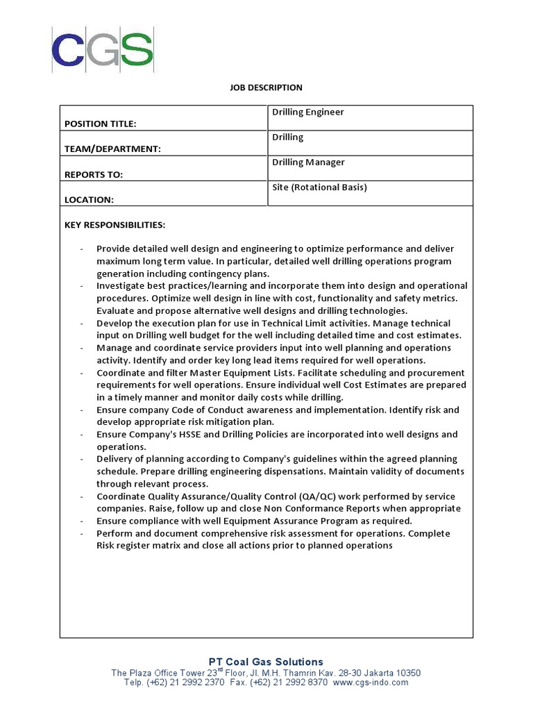 Job Description Drilling Engineer PDF Quality Assurance Engineering