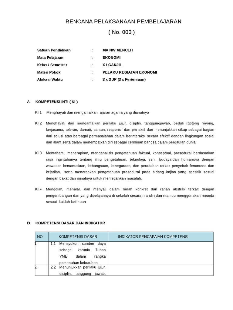 Rpp Ekonomi Kurikulum 2013 No 003 Kelas X