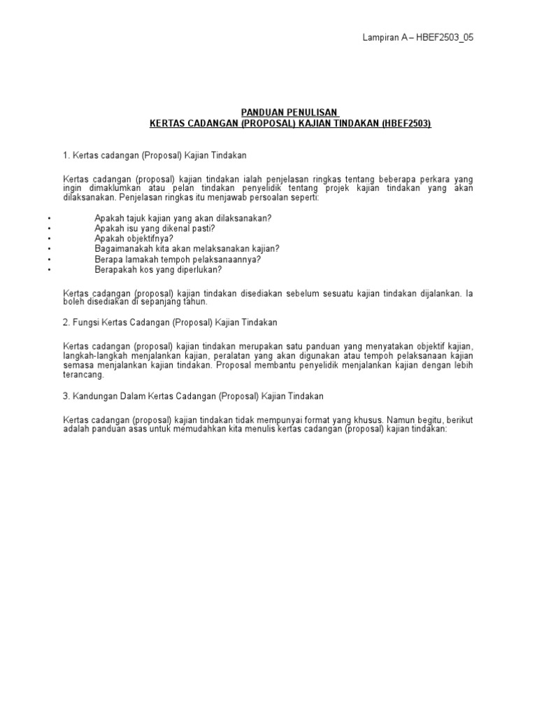 Lampiran A Hbef2503 05 Panduan Penulisan Kertas Cadangan Kajian Tindakan Pdf
