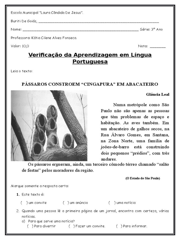 Avaliação de Português - 3º Ano | PDF | Estresse (Linguística) | Semiótica