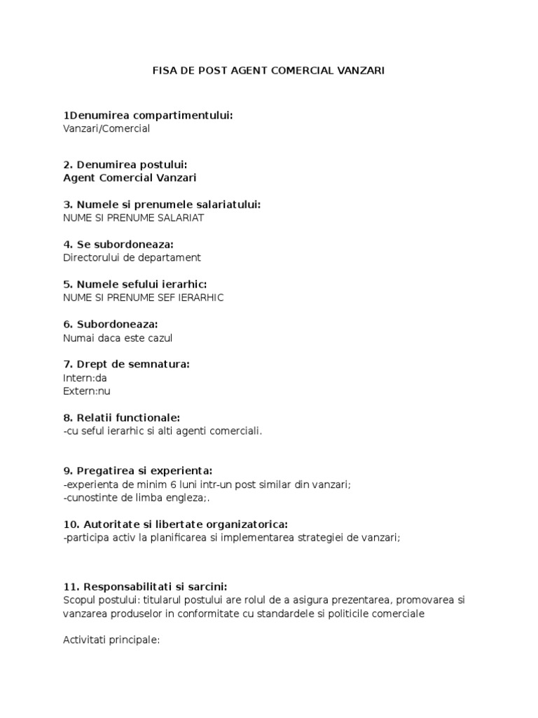 Fisa De Post Agent Comercial Vanzar1