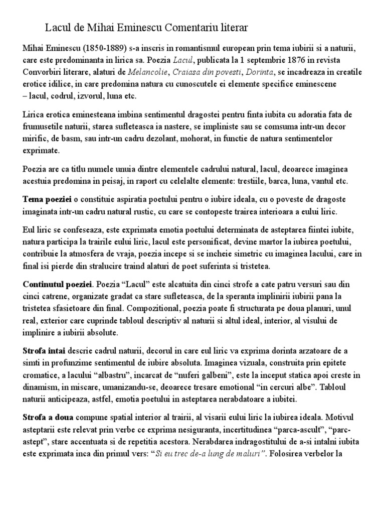 Lacul De Mihai Eminescu Comentariu Literar Docx