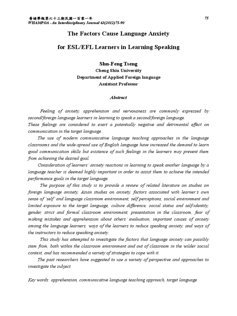 Language Anxiety in ESL/EFL Learners | PDF | English As A Second Or ...