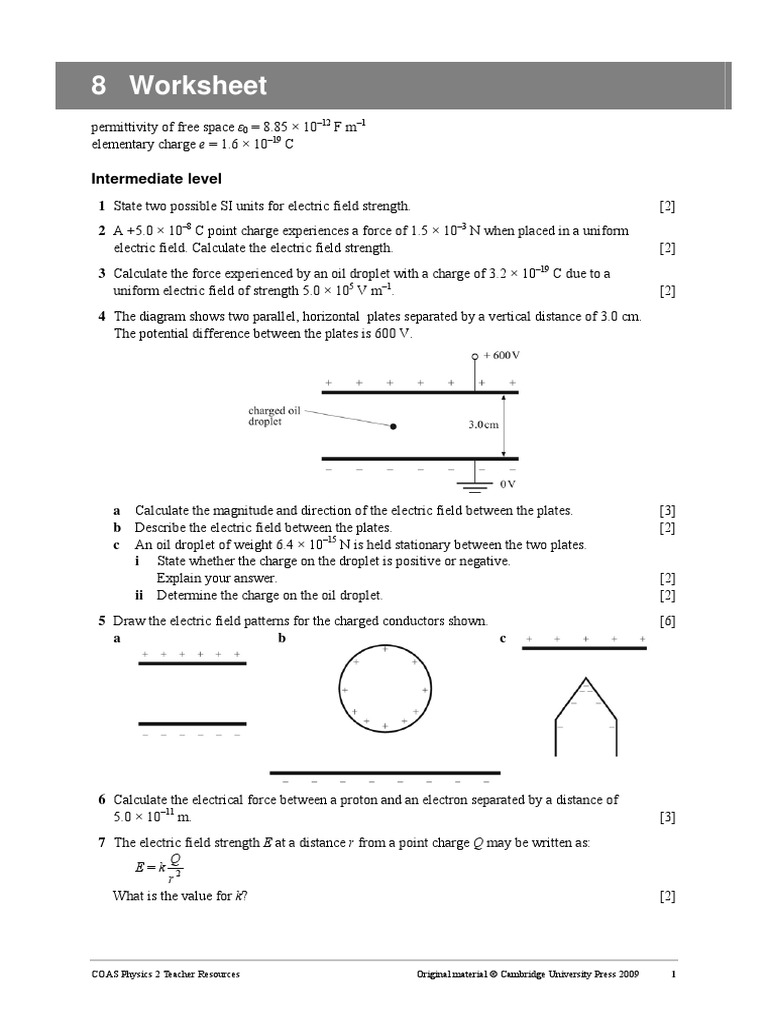 5 1 1 Worksheet Electric Field Electric Charge