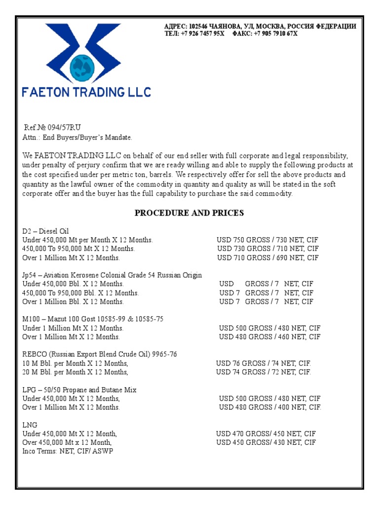 Sco From Faeton Trading Llc Pdf Barrel Unit Sales