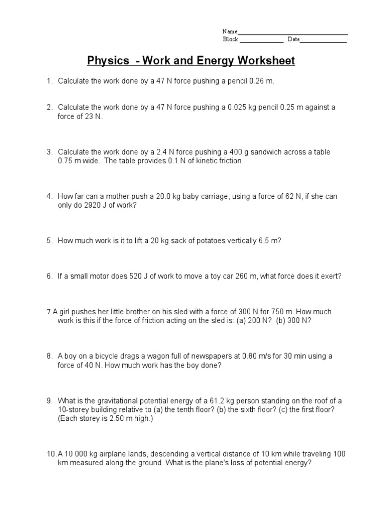 Work and Energy Calculations Worksheet | PDF | Kinetic Energy ...