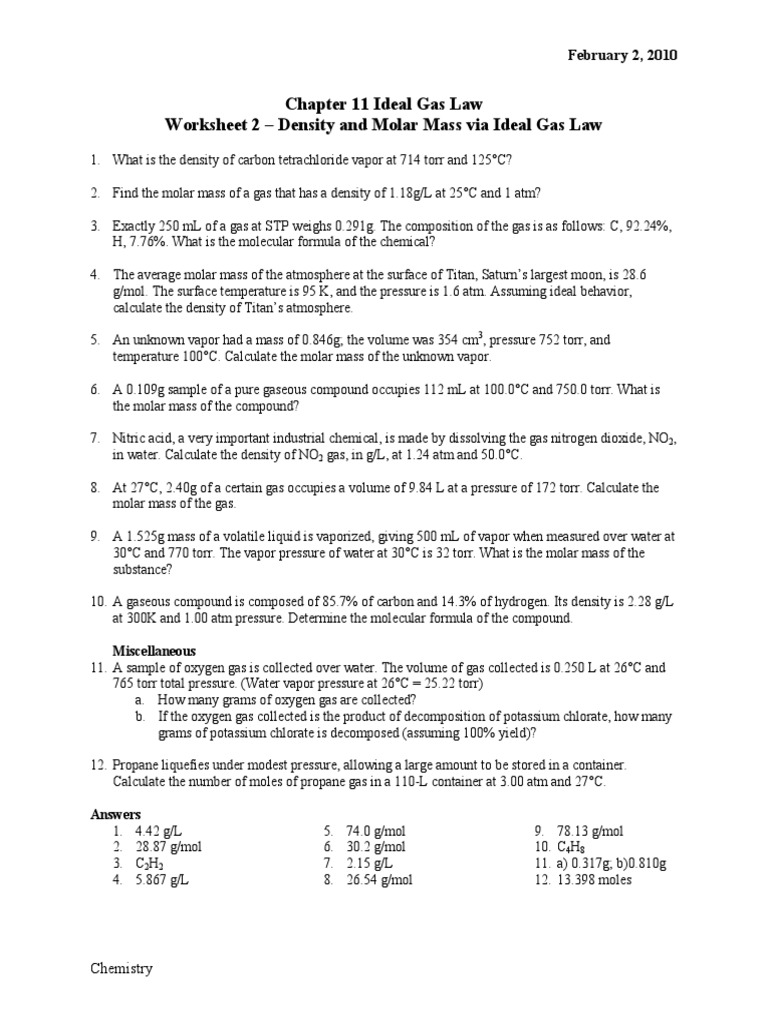 Worksheet - Ideal Gas Law Gas Density and Molar Mass With Answers Regarding Molar Mass Worksheet Answer Key