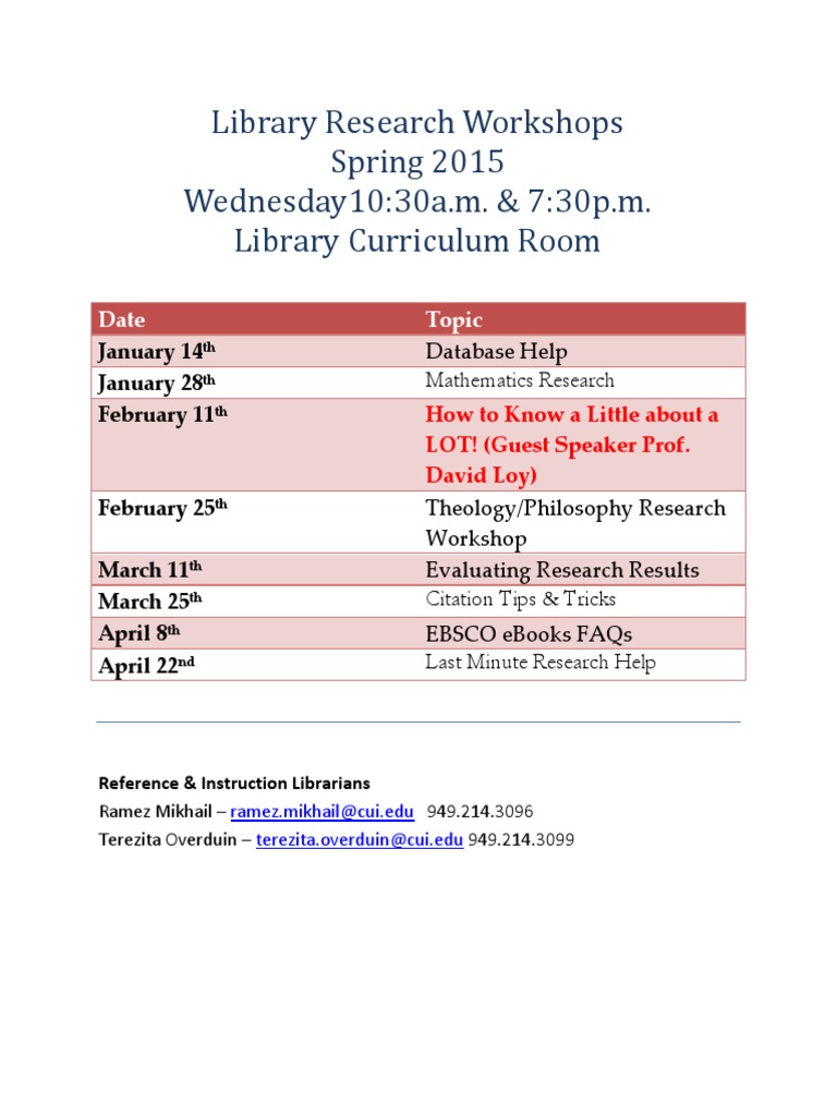 Spring 2015 Library Research Workshops | PDF