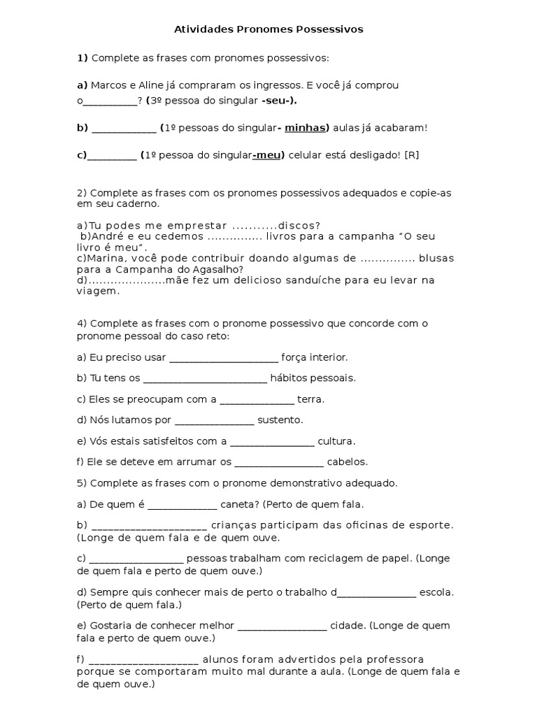 Atividades sobre Pronomes Possessivos | PDF | Pronome | Idiomas