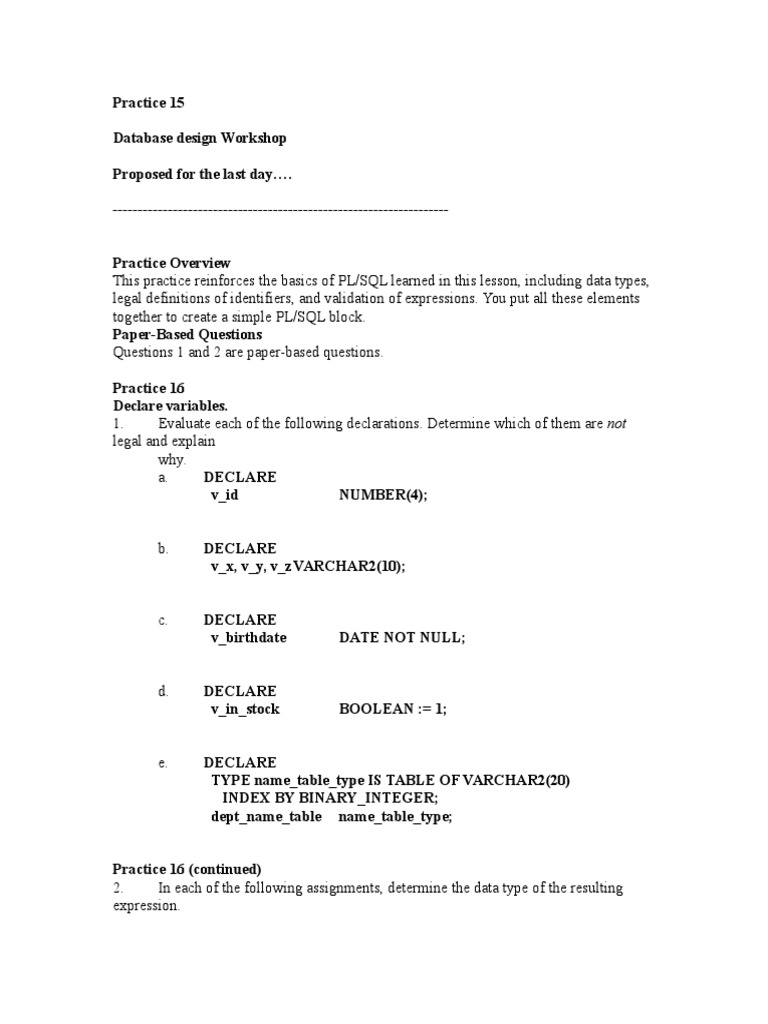 PL/SQL Practice Exercises Overview | PDF | Pl/Sql | Sql