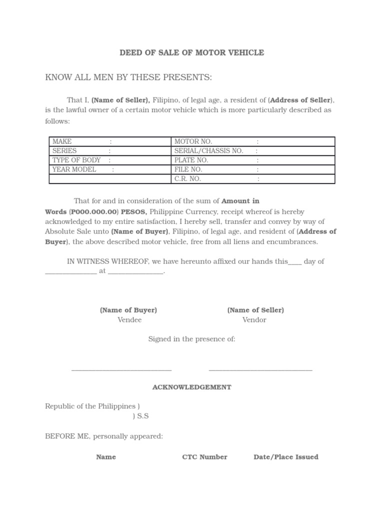 Deed of Sale of Motor Vehicle | PDF | Lease | Mortgage Law