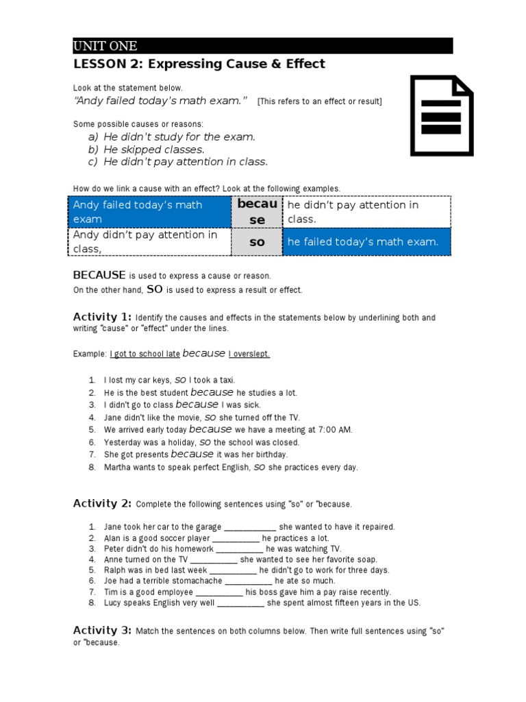 ESL Cause and Effect Activities | PDF | Causality | Leisure