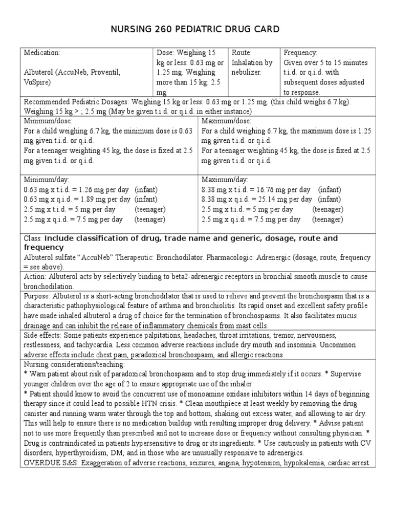 Albuterol Pediatric Drug Card Dose (Biochemistry) Chemistry