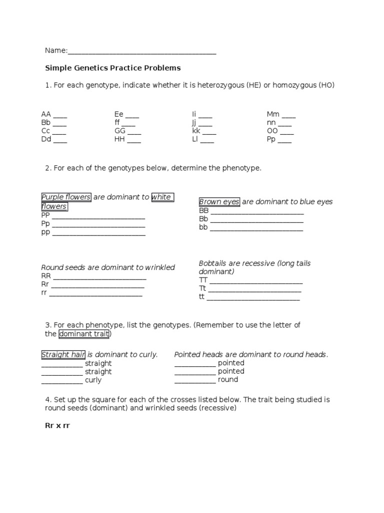 Genetics Exercises | Zygosity | Genotype