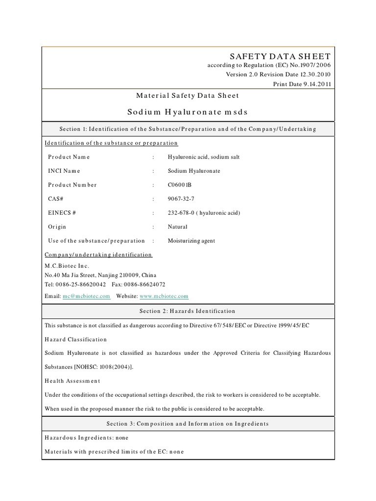 Msds Sodium Hyaluronate PH | PDF | Chemistry | Safety