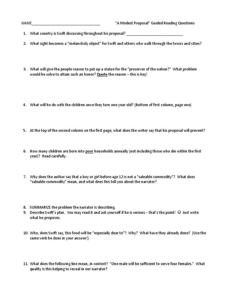 A Modest Proposal Guided Reading Questions