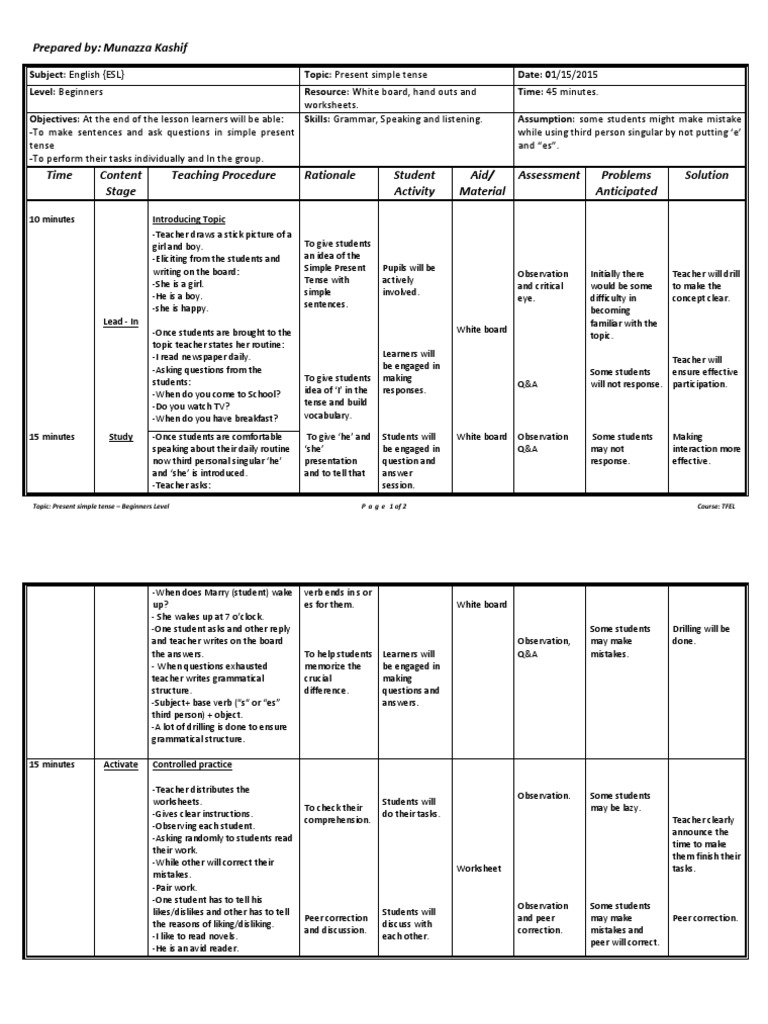 Lesson Plan Beginners Simple Present Tense PDF Semiotics Cognition