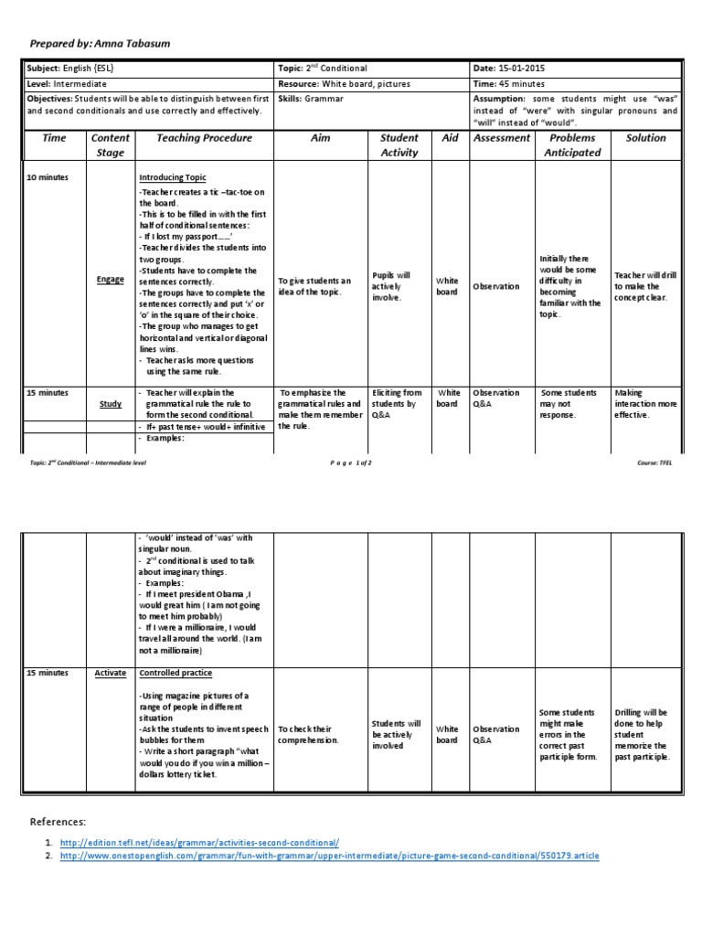 Lesson Plan Intermediate 2nd Conditional English Language Lesson Plan