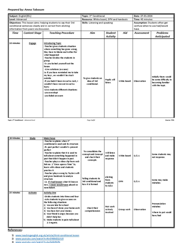Advanced 3rd Conditional Lesson Plan | PDF | Lesson Plan | Applied ...