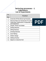 Manufacturing Processes - 1 Laboratory: List of Experiments