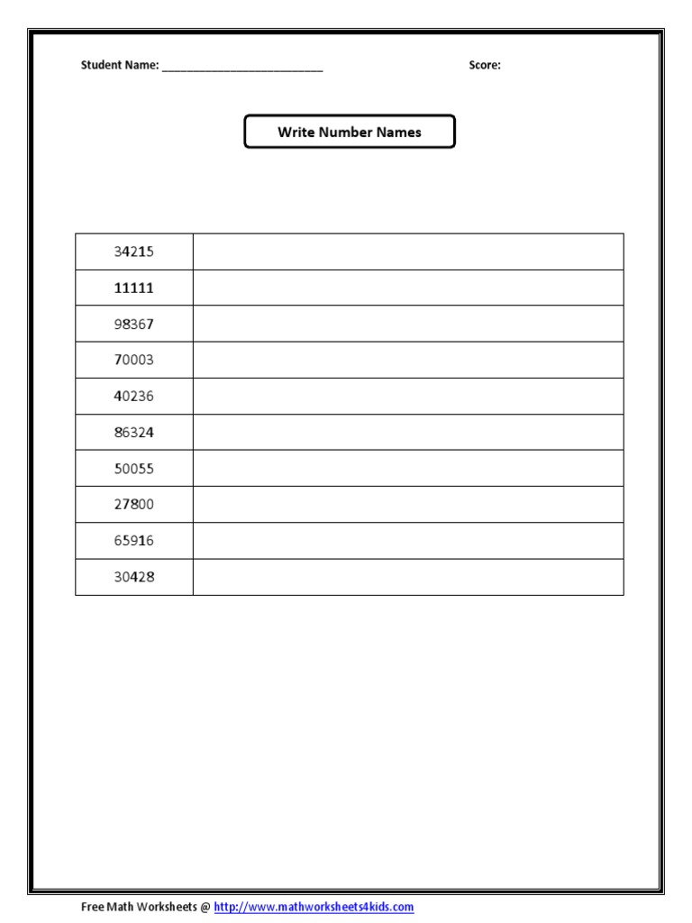 Write Number Names: Student Name: - Score | PDF