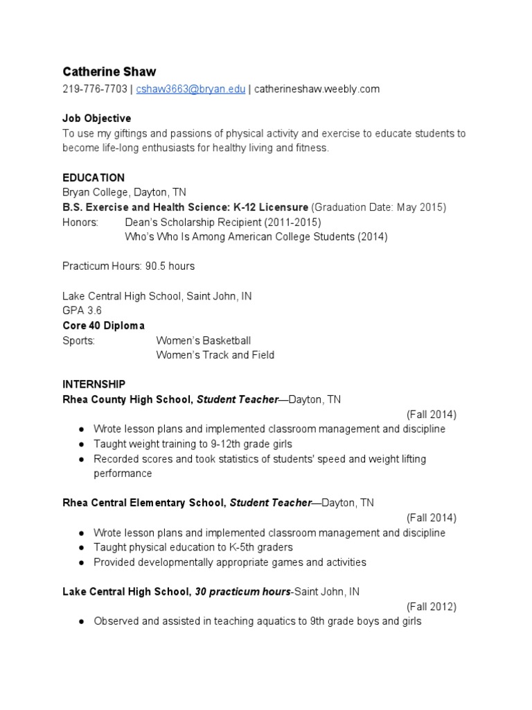 Catherine Shaw - Exercise Science Resume | PDF | Career & Growth ...