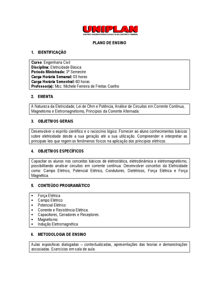 Plano de Ensino: Eletricidade Básica | PDF | Eletricidade | Magnetismo