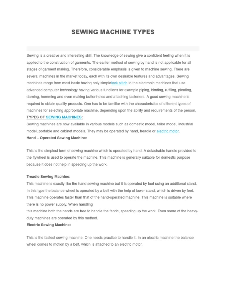 Sewing Machine Types PDF Sewing Machine Sewing