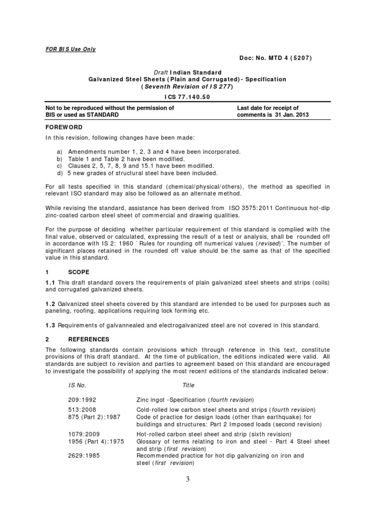 IS 277:2018 Galvanized Steel Sheets Spec | PDF | Rolling (Metalworking ...