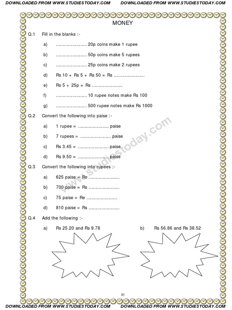 money rupees worksheets