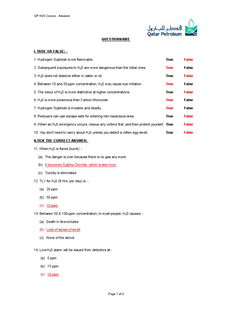 H2S Training Questionnaire Answers | PDF | Home & Garden
