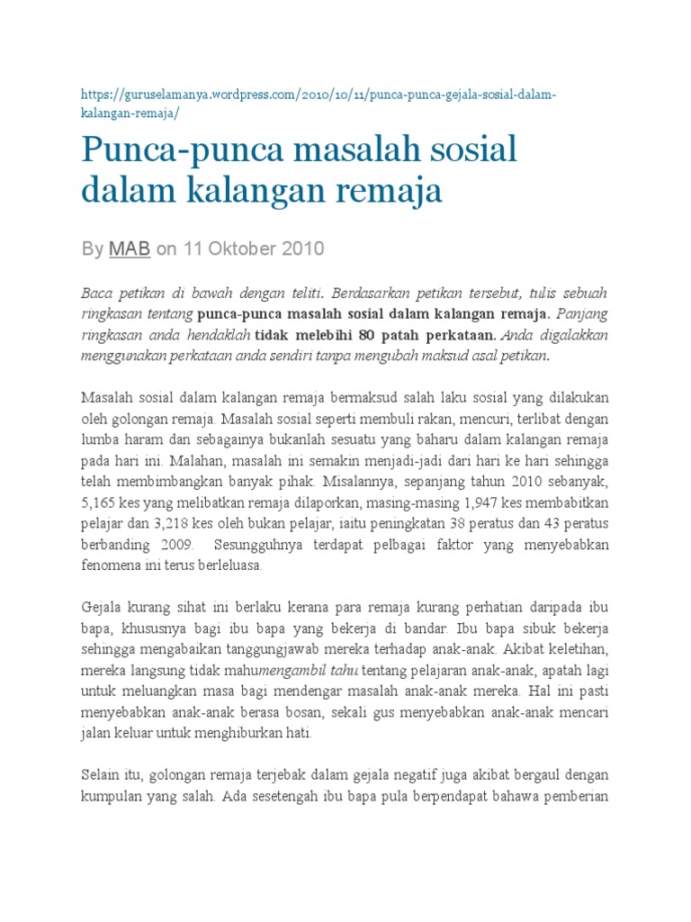 Definisi Punca Gejala Sosial Dalam Kalangan Remaja