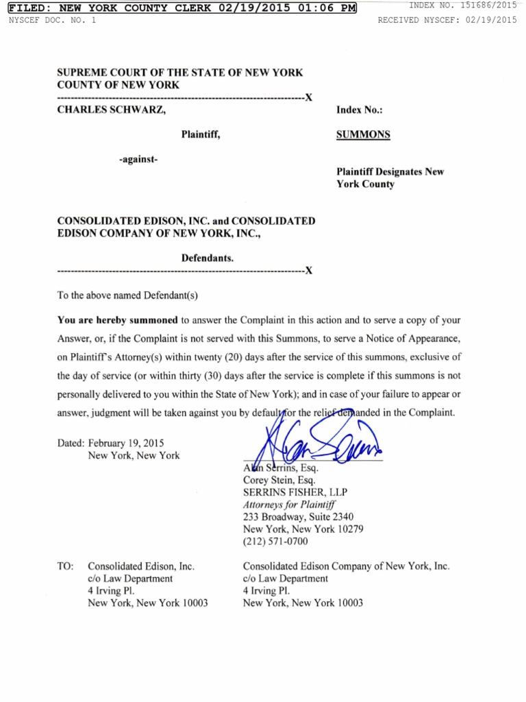 Complaint Schwarz v. Con Edison PDF Damages Summons