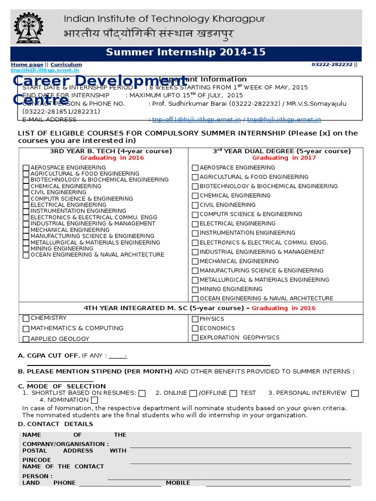 Career Development Centre: Summer Internship 2014-15 | PDF