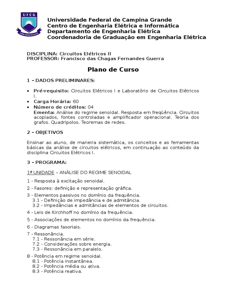 Plano de Curso: Circuitos Elétricos II | PDF | Rede elétrica | Indutância